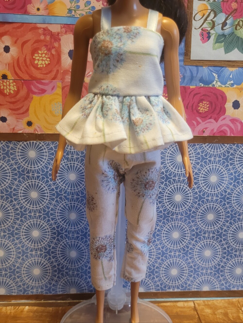 2 For $35 Handmade Floral Peplum Top and Pants Doll Outfit in  White and Blue